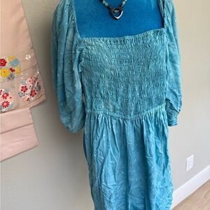 Blue Smocked Romper with Puff Sleeves